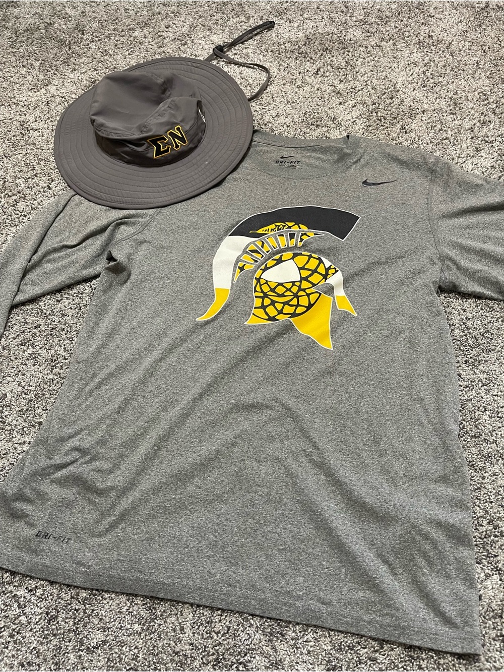 Nike Gray Long Sleeve Dri-FIT Shirt with Yellow and Black Spartan Graphic